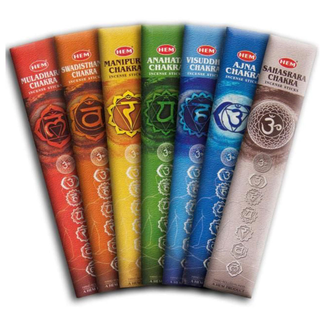 Assorted collection of HEM 7 Chakras Incense Sticks showcasing different colors to represent each chakra for spiritual alignment.