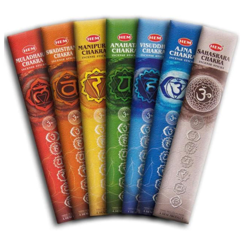 Colorful packaging of HEM 7 Chakras Incense Sticks featuring symbols of the seven chakras, emphasizing natural and holistic wellness.